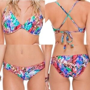SET NWT Luli Fama Gorgeous Chaos Bikini Top XL DD E + Bottoms M Colorful Summer